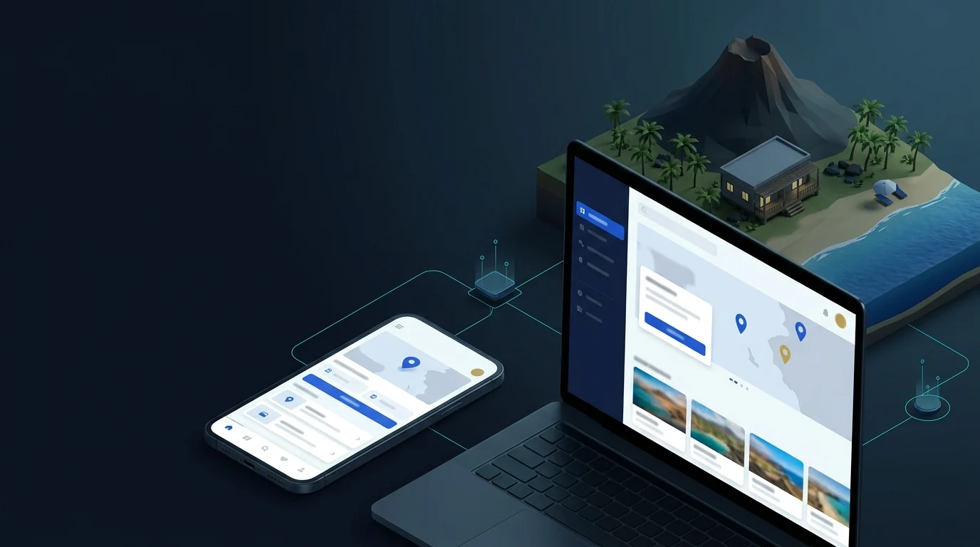Eco Collection digital tourism ecosystem — abstract mobile and desktop UI over a stylized coastal Cabo Verde environment.