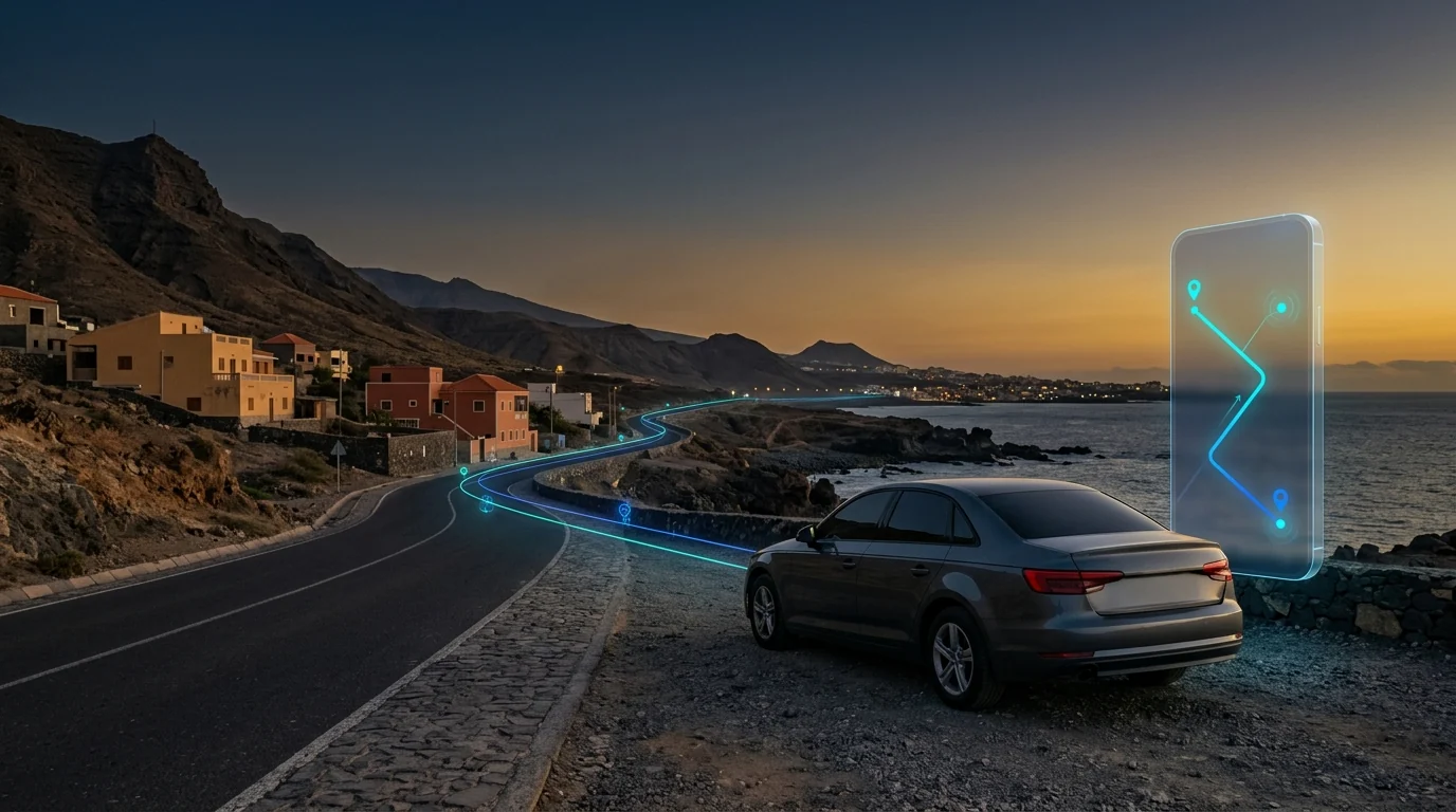 Nu Bai digital mobility MVP concept — one vehicle on a coastal Cabo Verde-style road with abstract GPS route overlay.