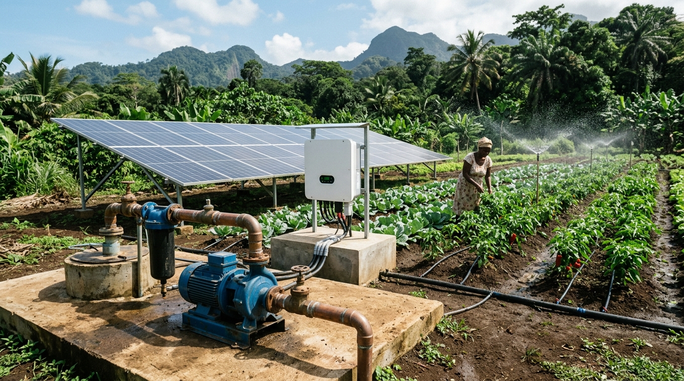 Loop físico Energia ↔ Água: painel solar, bomba DIFFUL, inversor e culturas irrigadas