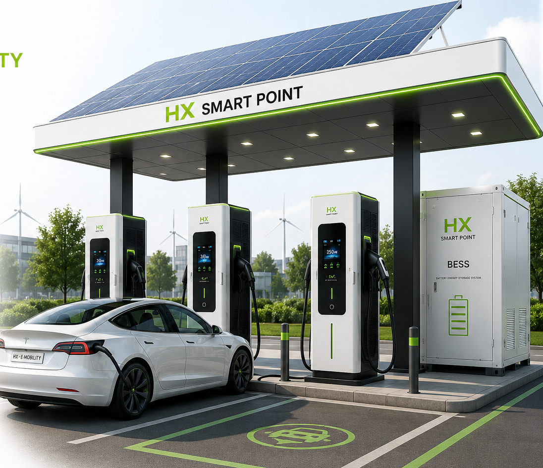 HX Smart Point — Estação oficial com carregadores e canópia solar