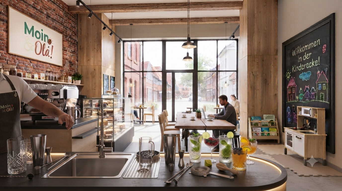 Barista service, mocktail craft and the Kinderecke — one continuous stage.