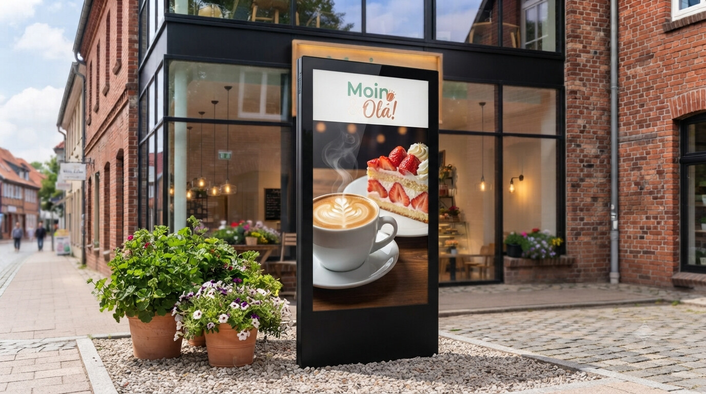 European cobblestone, digital storefront, botanic entrance.